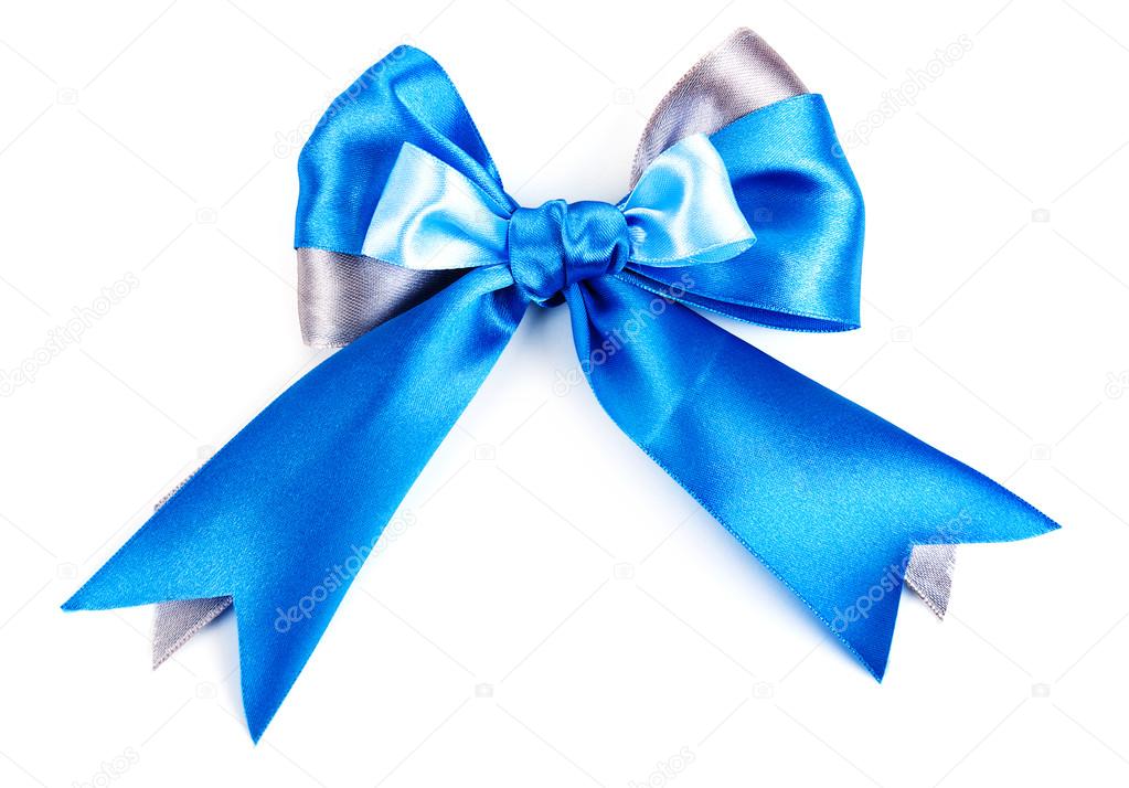Blue gift satin ribbon bow on white background