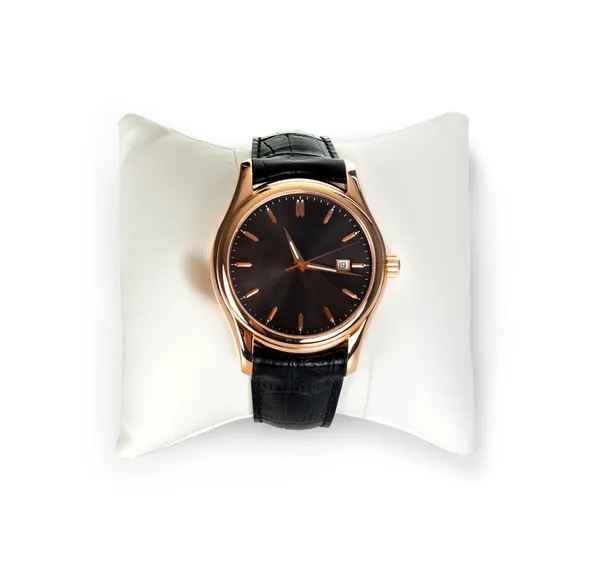 Vista frontal do relógio de luxo, couro preto e ouro — Fotografia de Stock