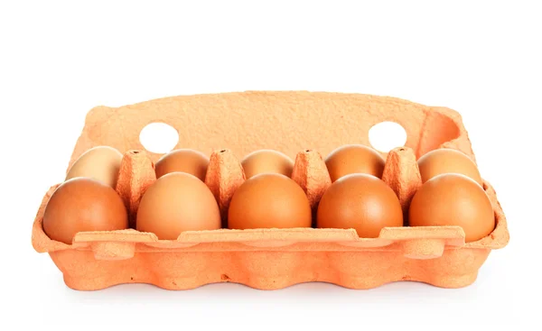 Fresh eggs in carton box on white background — Stock Photo, Image