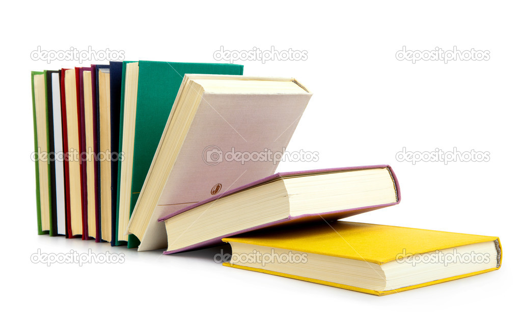 Stack of vintage books isolated on white background, blank labels, free copy space