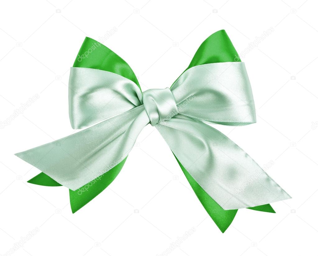 Green satin bow on white background