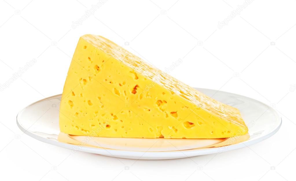 Cheese piece on plate isolated on white background