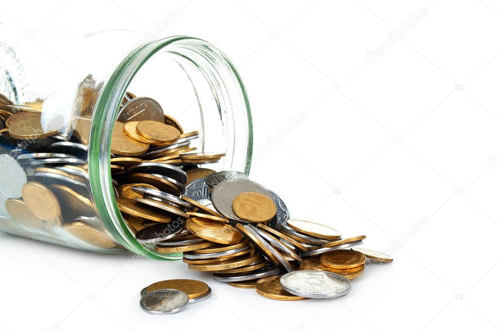 Jar of coins on white background