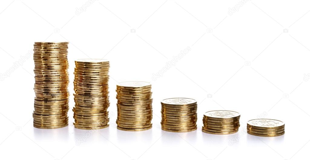 Savings, increasing columns of gold coins isolated on white background