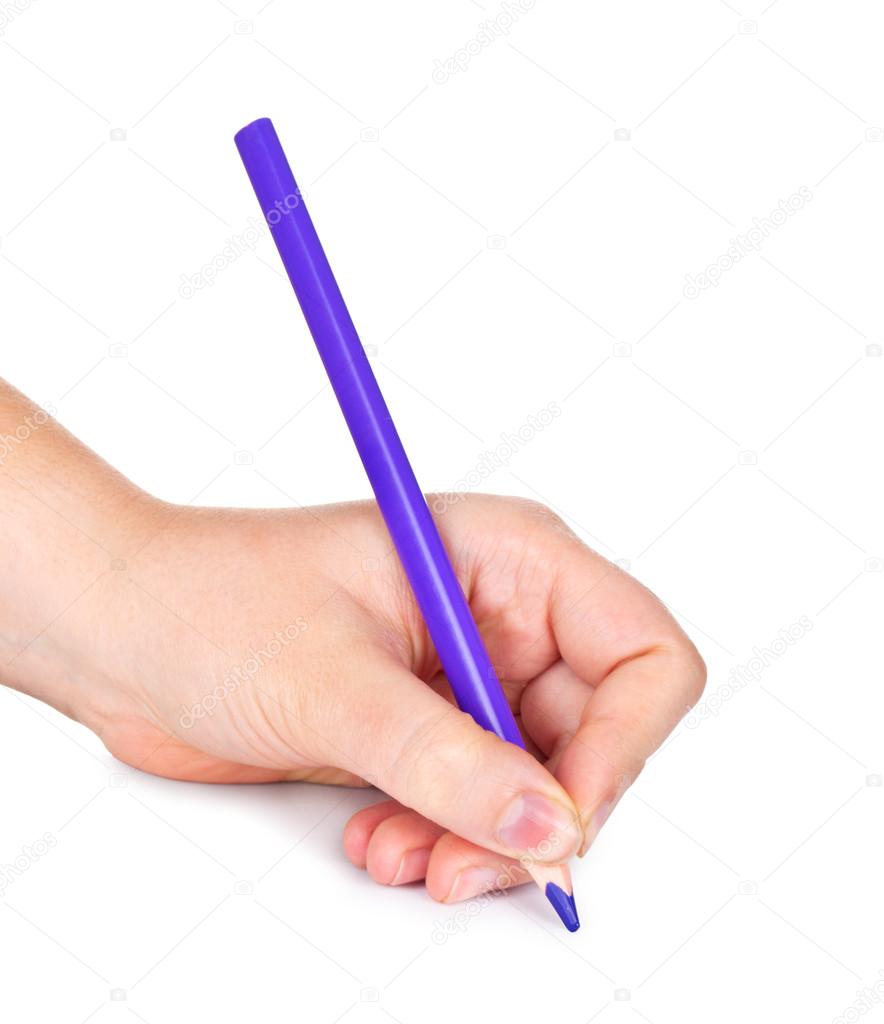 Purple pencil in hand isolated on white background