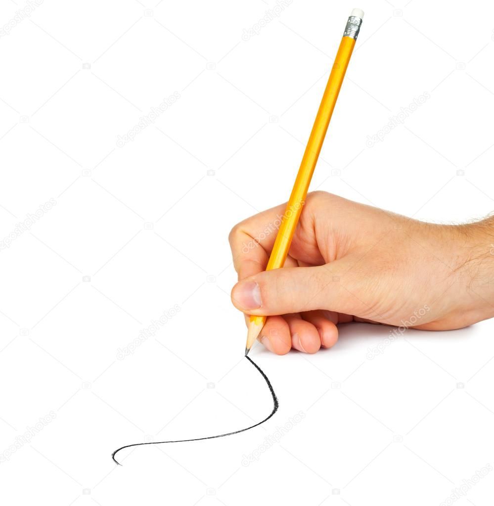 Hand with pencil draws the line, isolated
