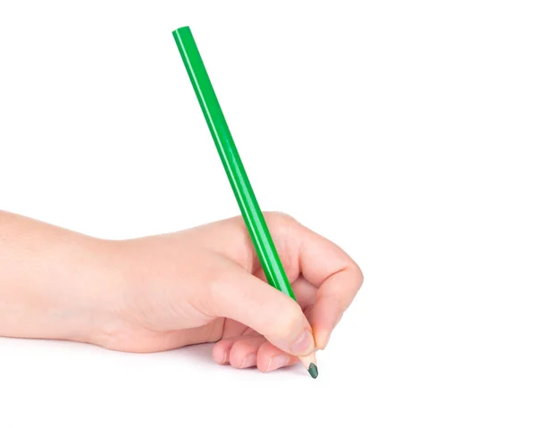 Πράσινο μολύβι στο χέρι που απομονώνονται σε λευκό φόντο — Φωτογραφία Αρχείου