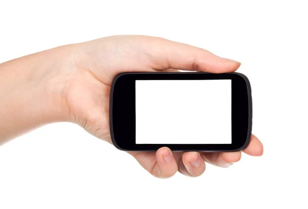 Hand holding mobile smart phone with blank screen. Isolated on white. — Stock Photo, Image