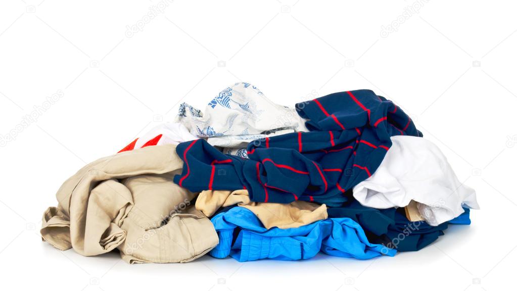 Big heap of colorful clothes, view from above, isolated on white background.