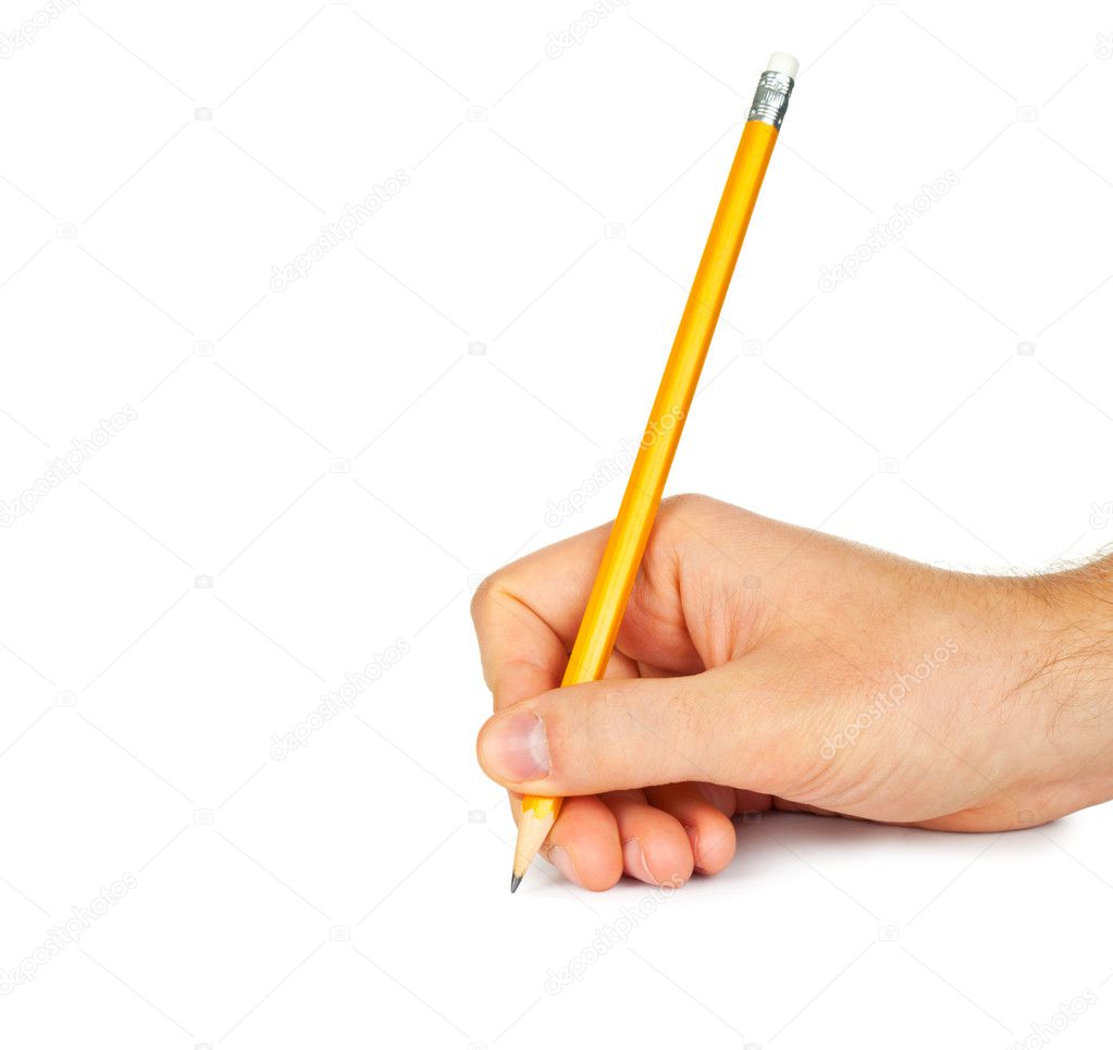 Hand with pencil. Over white background