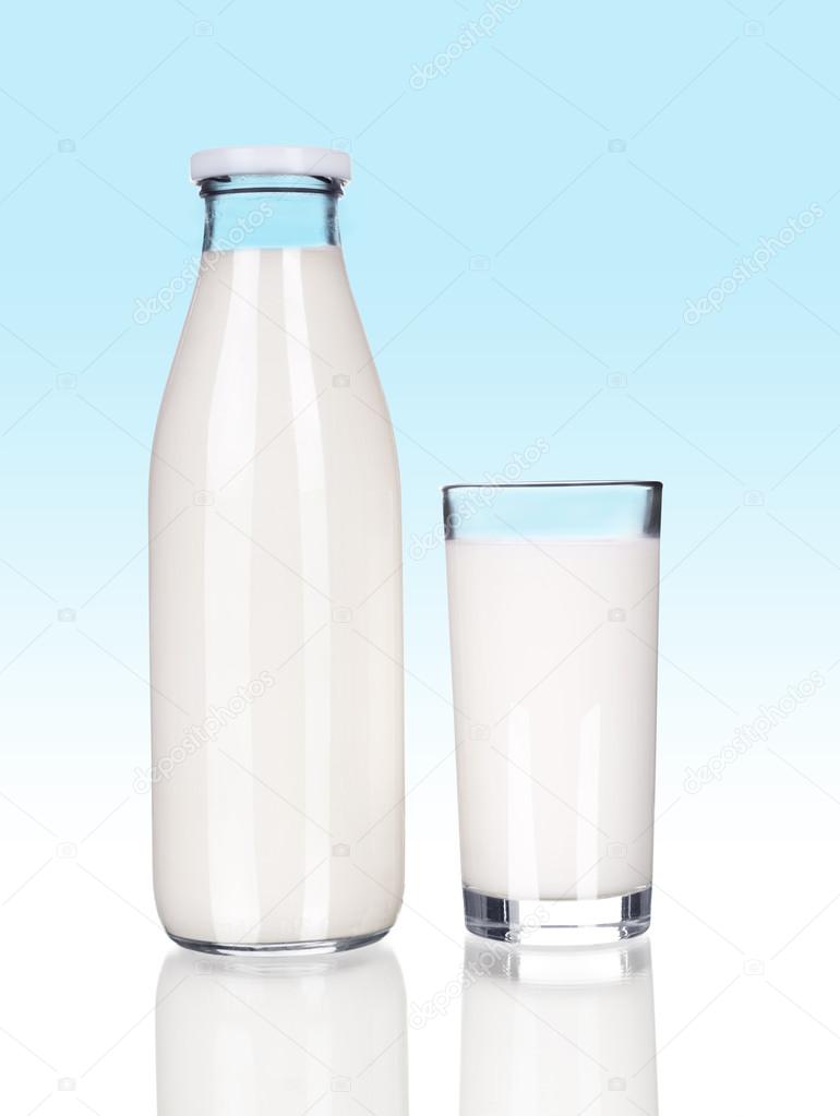 Full Bottle of fresh milk and one glass on a blue background