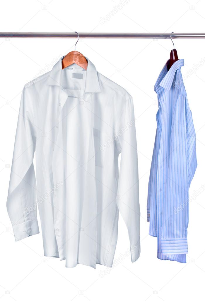 Blue and white shirts with tie on wooden hanger isolated on white