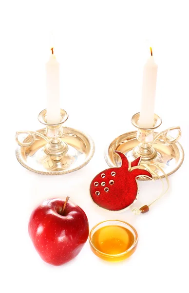 Rosh hashanah concept - apple, honey and pomegranate — Stock Photo, Image