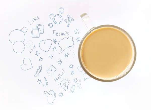 Top view of Cup of coffee on background of doodle icons — Stock Photo, Image