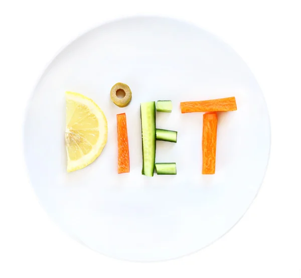 Plate with word diet composed of slices of different vegetables — Stock Photo, Image