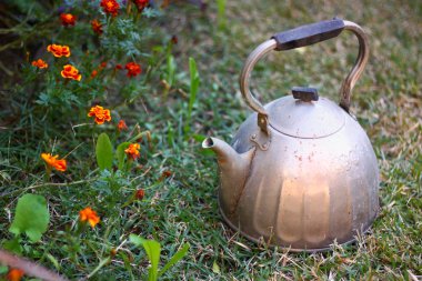 çimenlerin üzerinde eski paslı su ısıtıcısı