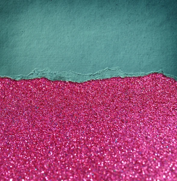 Pink glitter background and blue vintage torn paper . — 스톡 사진