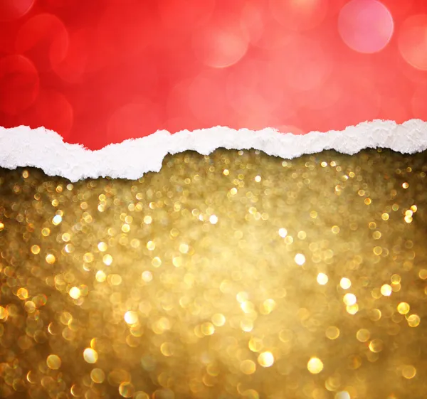 Golden bokeh lights and red torn paper — Stock Photo, Image