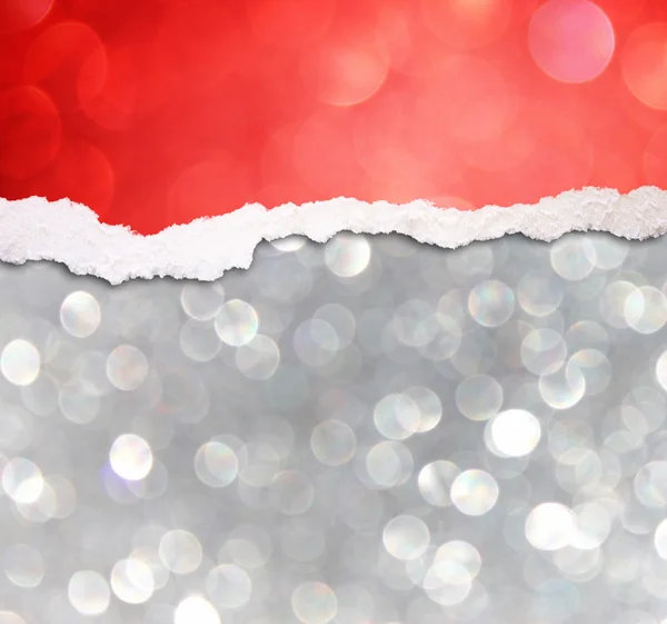 Silver bokeh lights and red torn paper — Stock Photo, Image