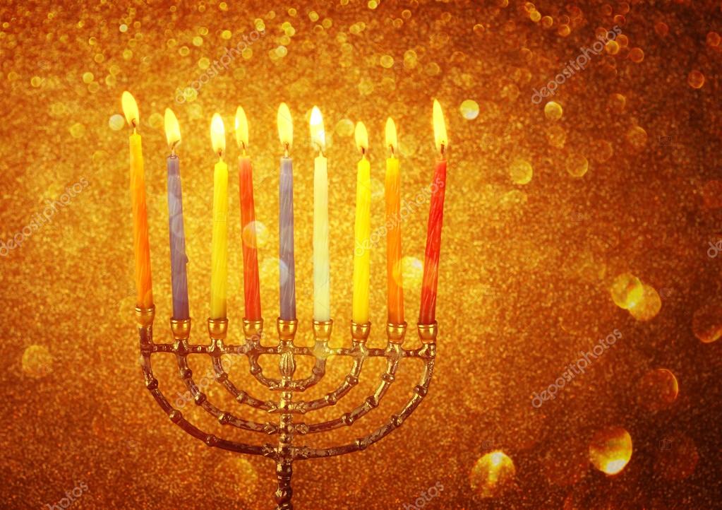Hanukkah menorah with Burning candles — Stock Photo © tomert 34627127