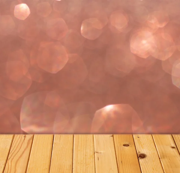 Textured wood planks and warm golden bokeh lights effect — Stock Photo, Image