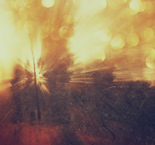 Abstraktes Foto von Licht platzt zwischen Bäumen und glitzernden Bokeh-Lichtern. Bild ist verschwommen und gefiltert . — Stockfoto