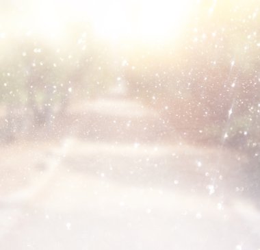 ağaçlar ve glitter bokeh ışıkları arasında ışık patlaması soyut fotoğraf bulanık. Filtre uygulanmış görüntü