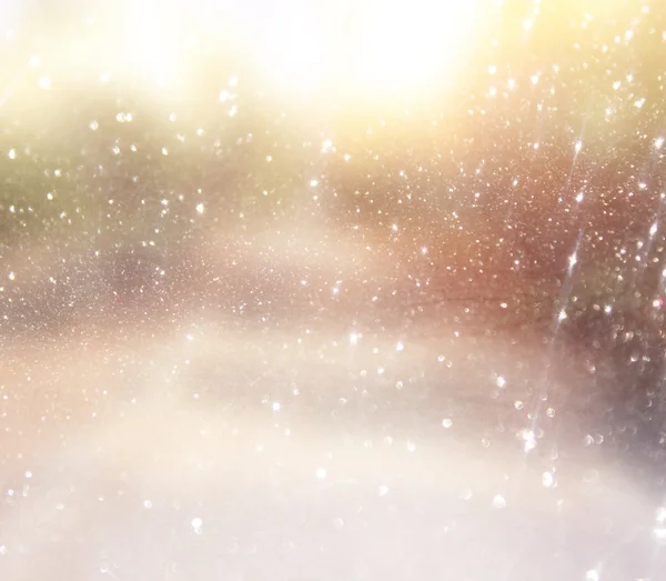 Blurred abstract photo of light burst among trees and glitter bokeh lights. filtered image — Stock Photo, Image