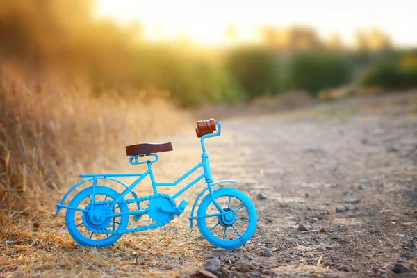 Синя Старовинна Велосипедна Іграшка Чекає Відкритому Повітрі Під Час Заходу — стокове фото