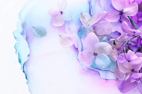 Kreatives Bild Von Pastellblauen Und Lila Hortensienblüten Auf Künstlerischem Tuschgrund — Stockfoto