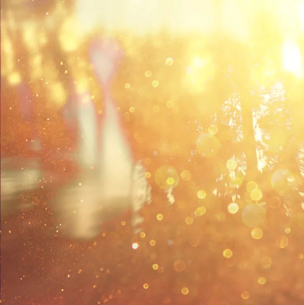 Abstract photo of light burst among trees and glitter bokeh lights. filtered image and textured. image is blurred. — Stock Photo, Image