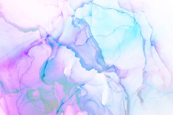 Art photography of abstract fluid alcohol ink painting, purple and turquoise colors with paper texture