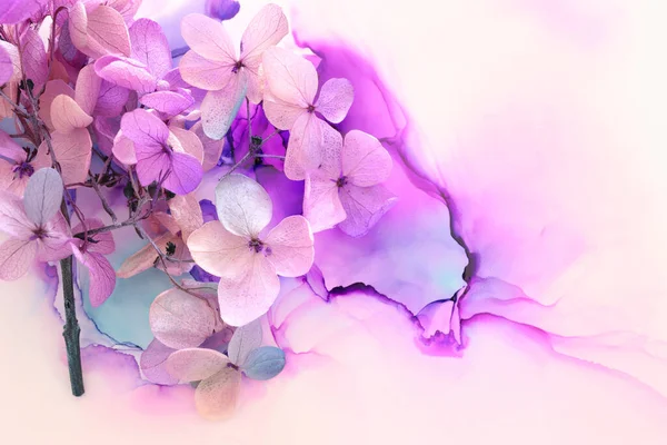 Immagine Creativa Fiori Rosa Viola Ortensia Sfondo Inchiostro Artistico Vista — Foto Stock