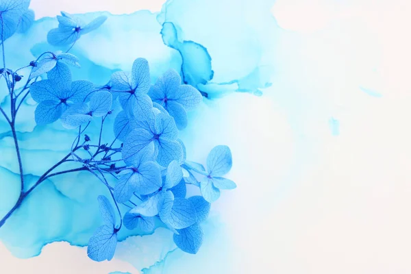 Creatief Beeld Van Blauwe Hortensia Bloemen Artistieke Inkt Achtergrond Bovenaanzicht — Stockfoto