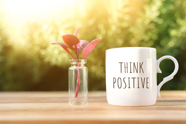 Cup Coffee Wooden Table Garden Text Think Positive — Stock Photo, Image