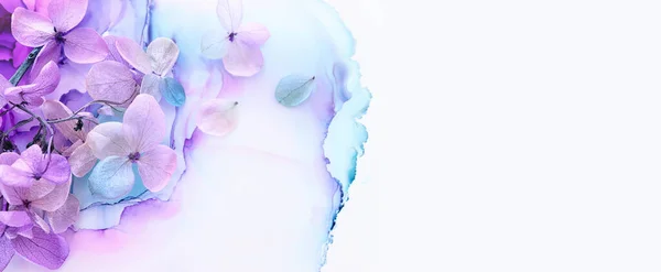 Kreatywny Obraz Pastelowych Niebiesko Fioletowych Kwiatów Hortensji Tle Artystycznego Tuszu — Zdjęcie stockowe