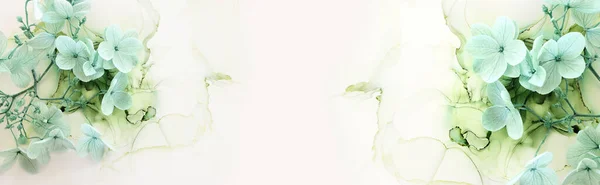 Творче Зображення Пастельних Ятних Зелених Квітів Гортензії Художньому Фоні Чорнила — стокове фото