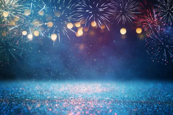 Elvont Arany Fekete Kék Csillogó Háttér Tűzijátékkal Karácsony Este Július — Stock Fotó