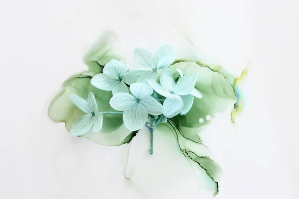 Image Créative Pastel Menthe Hortensia Fleurs Sur Fond Encre Artistique — Photo