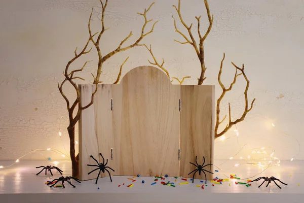 Feiertagsbild Von Halloween Spinnen Kahle Bäume Und Holzbretterrahmen Für Text — Stockfoto