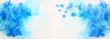 Sanatsal mürekkep arkaplanındaki mavi ortanca çiçeklerinin yaratıcı görüntüsü. Kopyalama alanı olan üst görünüm