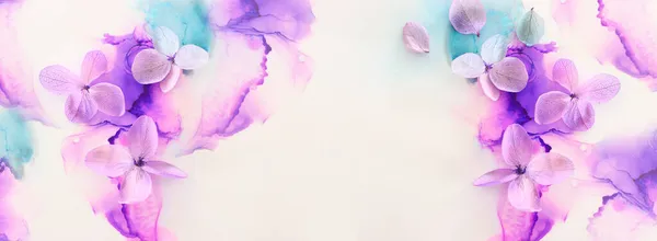 Δημιουργική Εικόνα Ροζ Και Μοβ Λουλουδιών Ορτανσία Καλλιτεχνικό Φόντο Μελάνι — Φωτογραφία Αρχείου