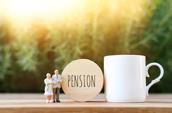 Concept Pension Retirement Planning Miniature Figure Elder Man Wooman Next — Stock Photo, Image