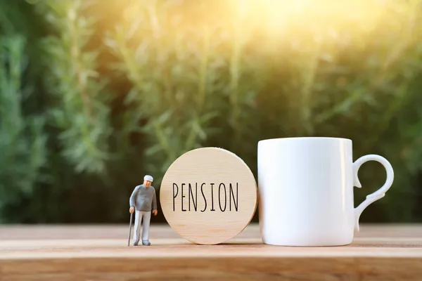 Concept Pension Retirement Planning Miniature Figure Elder Man Next Cup — Stock Photo, Image