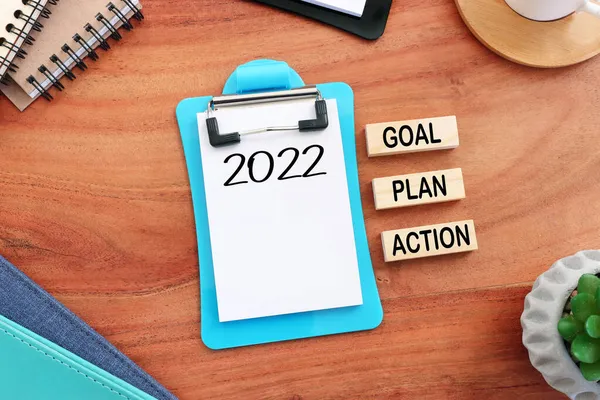 Metin 2022 Ile Notun Üst Görünümü Kelimeler Hedef Plan Eylemi — Stok fotoğraf