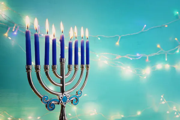 Bild Judisk Semester Hanukkah Med Menorah Traditionell Kandelabra Och Ljus — Stockfoto