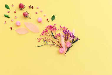 Sarı arkaplan üzerinde pembe, mor ve yeşil çiçek kompozisyonu üst görünüm .Düz yatıyordu
