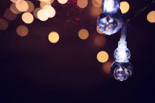 Navidad Luces Guirnalda Oro Caliente Sobre Fondo Oscuro Con Superposición — Foto de Stock