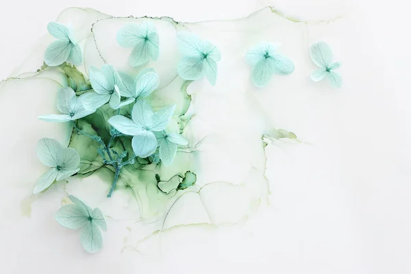 Imagen Creativa Menta Pastel Flores Hortensia Sobre Fondo Tinta Artística —  Fotos de Stock