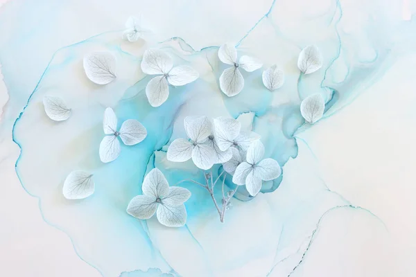 Δημιουργική Εικόνα Από Παστέλ Μπλε Λουλούδια Ορτανσία Καλλιτεχνικό Φόντο Μελάνι — Φωτογραφία Αρχείου